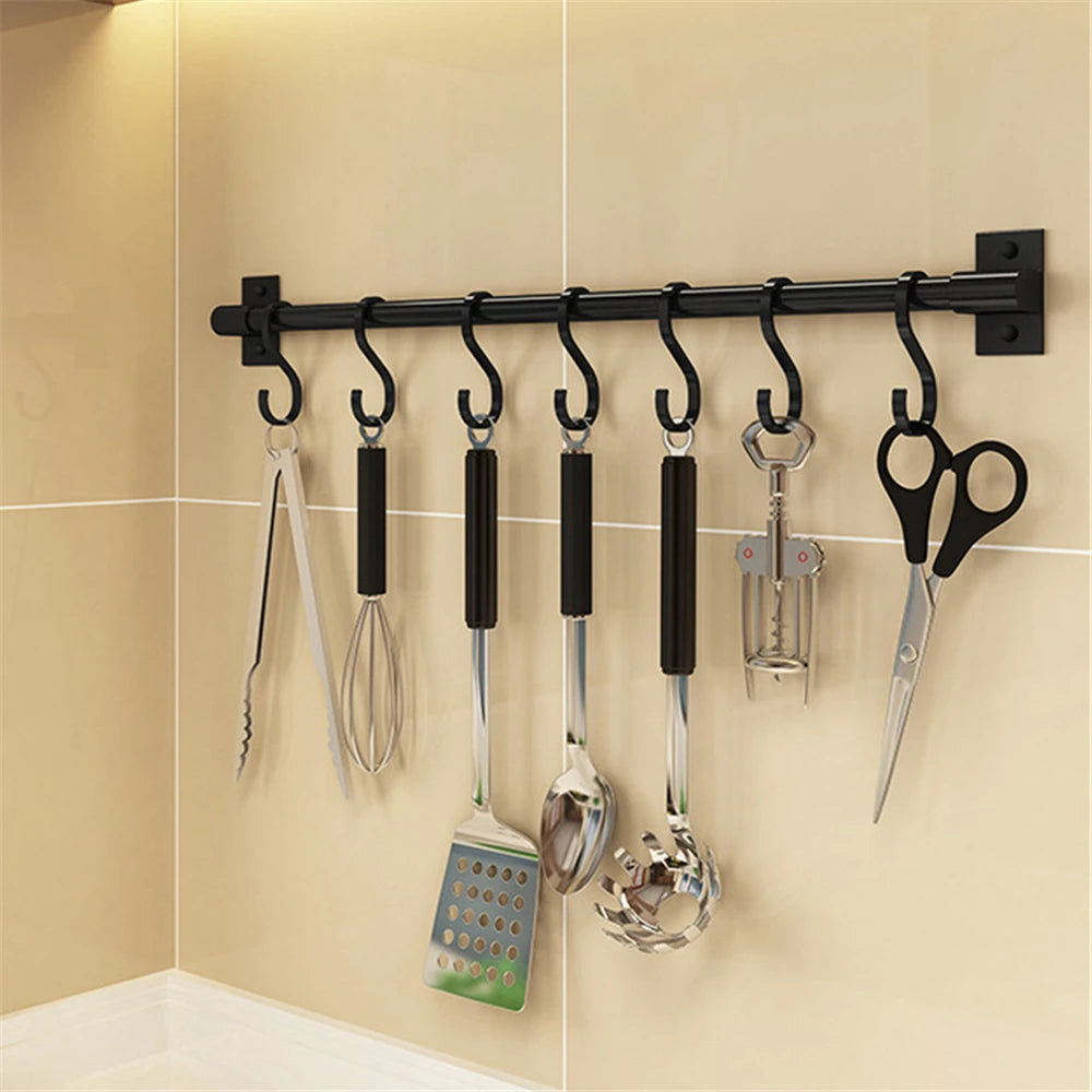 Wall Mounted Kitchen Hook Rack Free Punching Wall Hangers Rail Kitchen Utensils Rack Spoon Shovel Chopping Board Storage Rack