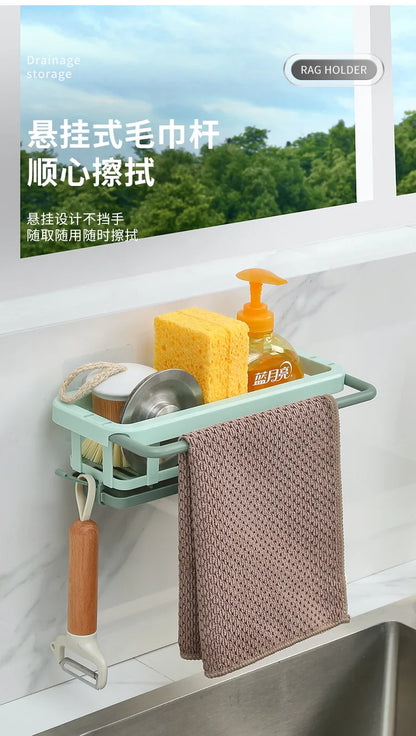 Sponge Holder Kitchen Organizer Dish Drainer Soap Rack Sink Tray Dishcloth Towel Rack Wall Mounted Storage Basket Shelf Kitchen