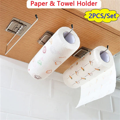 Kitchen paper towel stand glue toilet rack towel, hang tissue dispenser roll napkin cabinet storage accessories, 2 pieces