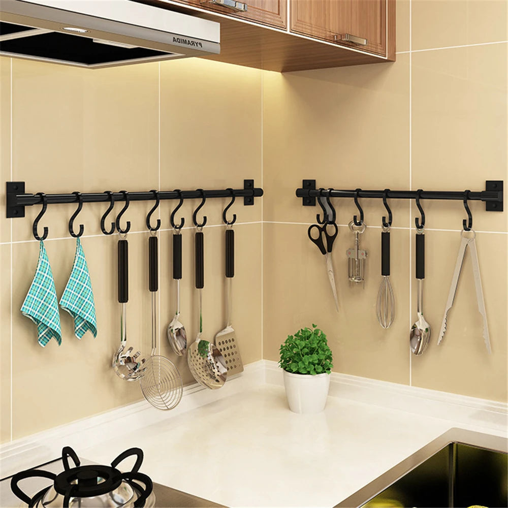 Wall Mounted Kitchen Hook Rack Free Punching Wall Hangers Rail Kitchen Utensils Rack Spoon Shovel Chopping Board Storage Rack