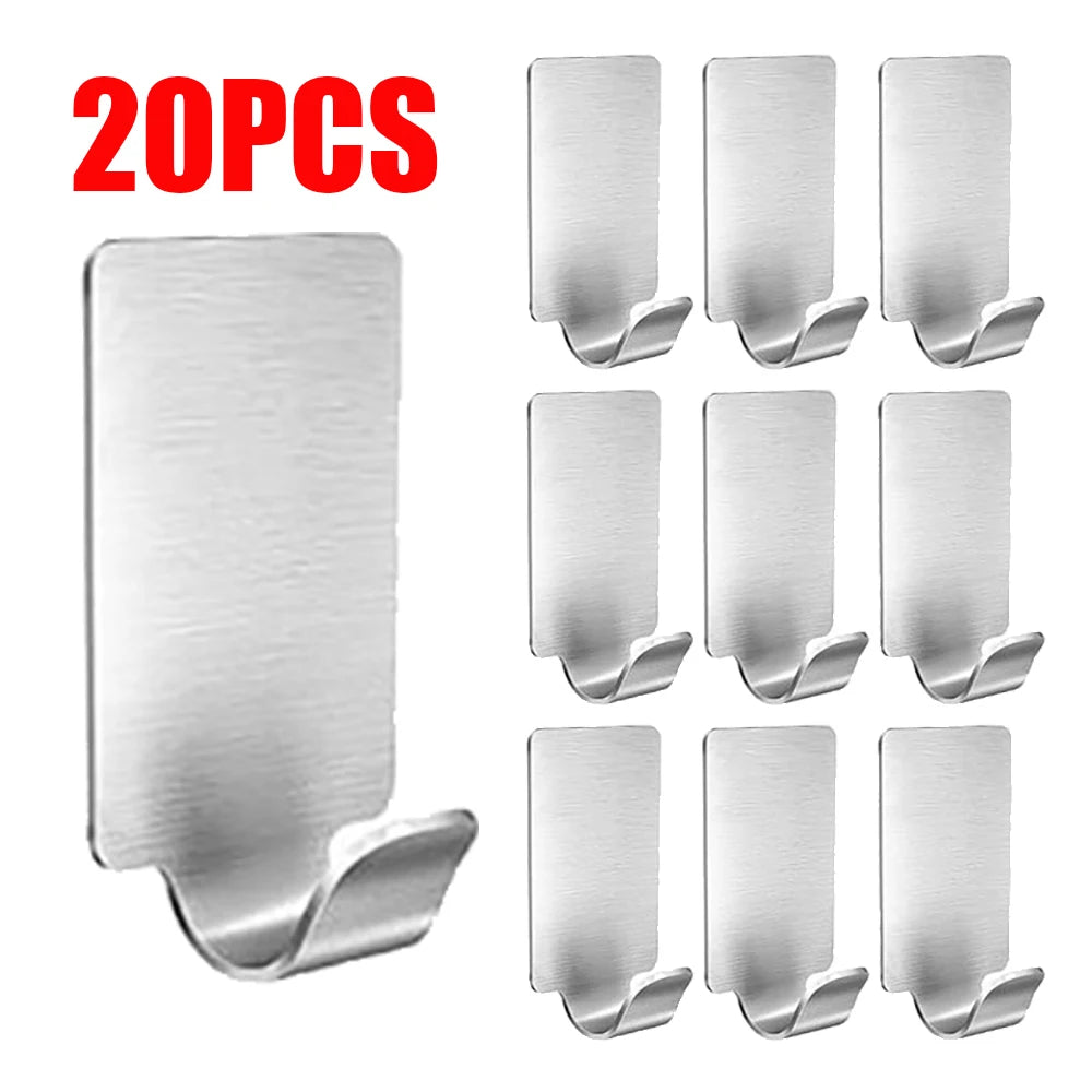 20/5Pcs Small Self Adhesive Hook Stainless Steel Heavy Wall Hanger Hook Bathroom Organizer Towel Rack Multi-purpose Kitchen Hook