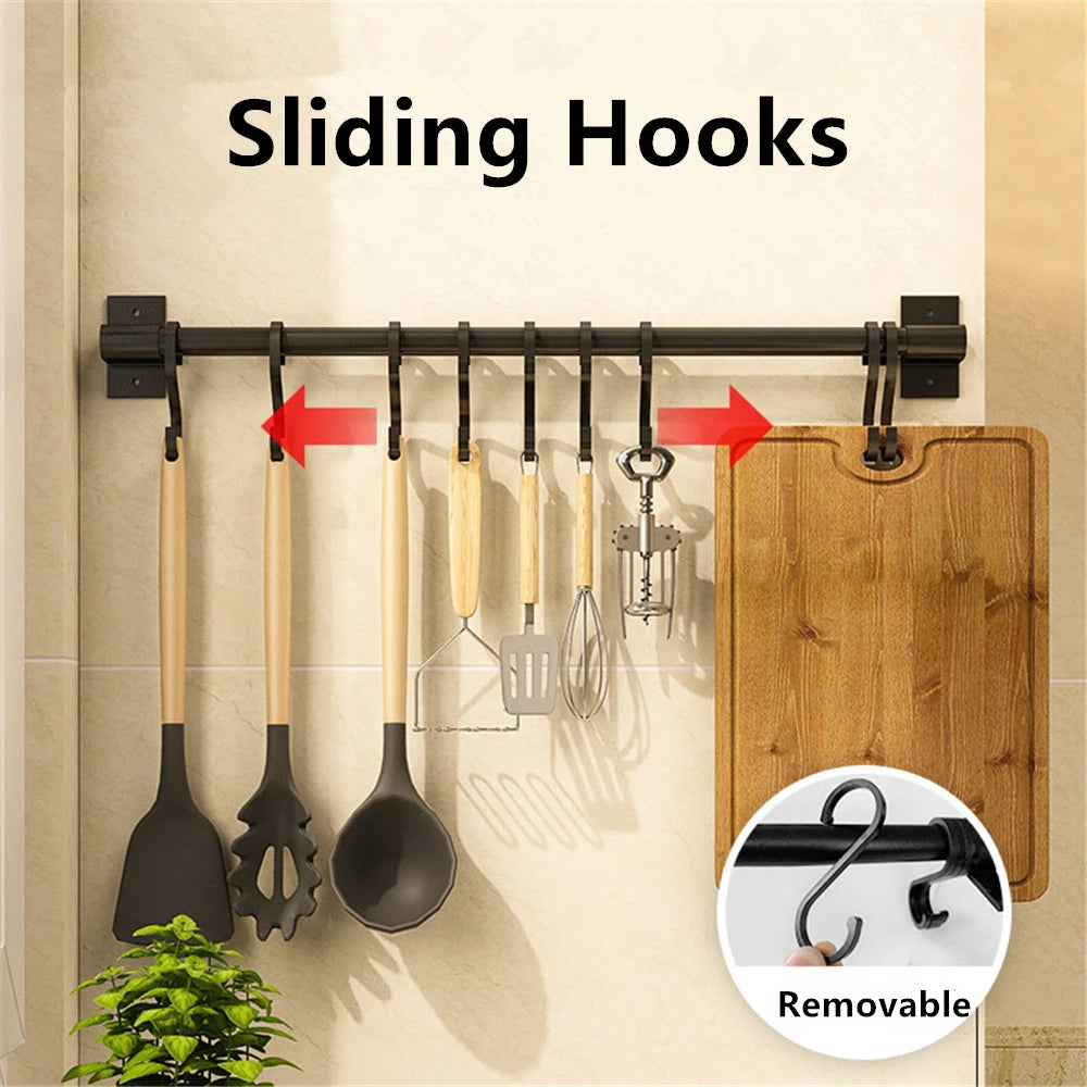 Wall Mounted Kitchen Hook Rack Free Punching Wall Hangers Rail Kitchen Utensils Rack Spoon Shovel Chopping Board Storage Rack