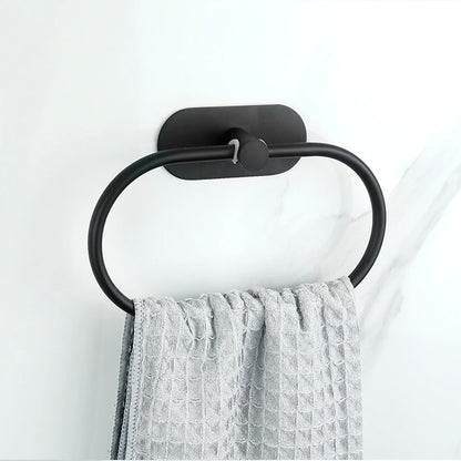 Stainless Steel Towel Holder Self-adhesive Bathroom Towels Rack Black Washhand Hanger Ring Rail Bar Kitchen Storage Accessories