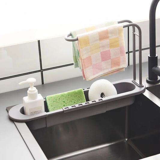 Telescopic Sink Shelf Drainer Rack Kitchen Organizer Holder Storage Organizer Soap Sponge Towel Rack Basket Gadgets Accessories