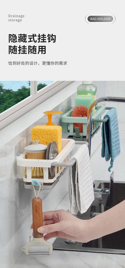 Sponge Holder Kitchen Organizer Dish Drainer Soap Rack Sink Tray Dishcloth Towel Rack Wall Mounted Storage Basket Shelf Kitchen