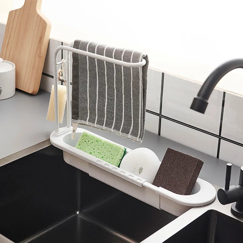 Telescopic Sink Shelf Drainer Rack Kitchen Organizer Holder Storage Organizer Soap Sponge Towel Rack Basket Gadgets Accessories