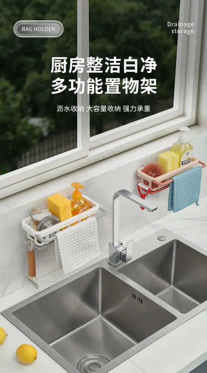 Sponge Holder Kitchen Organizer Dish Drainer Soap Rack Sink Tray Dishcloth Towel Rack Wall Mounted Storage Basket Shelf Kitchen